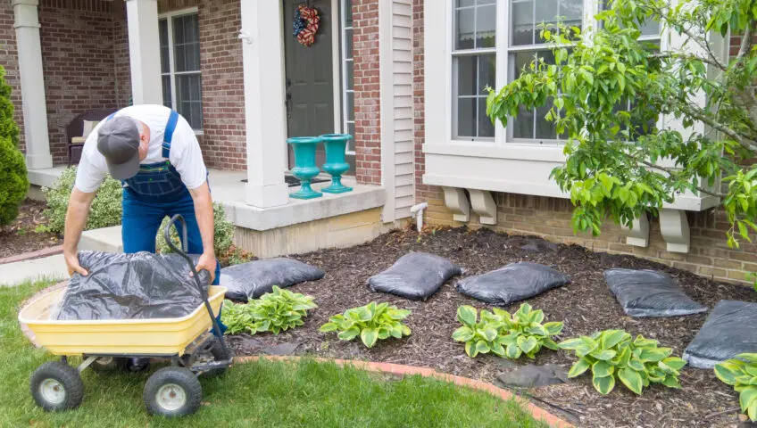 Man with wheelbarrow putting mulch on his landscaped area