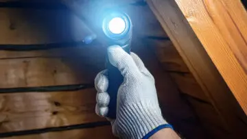 A gloved hand shines a flashlight in an attick