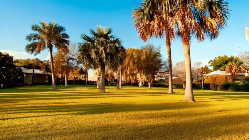 A Florida lawn that has gone dormant, with palm trees in the background