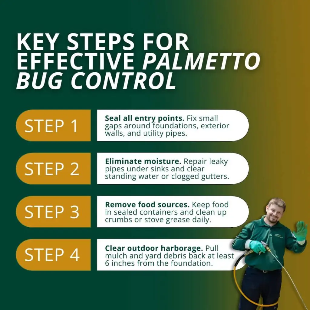An infographic detailing key steps for effective palmetto bug control, including sealing entry points, eliminating moisture, removing food sources, and clearing yard debris.