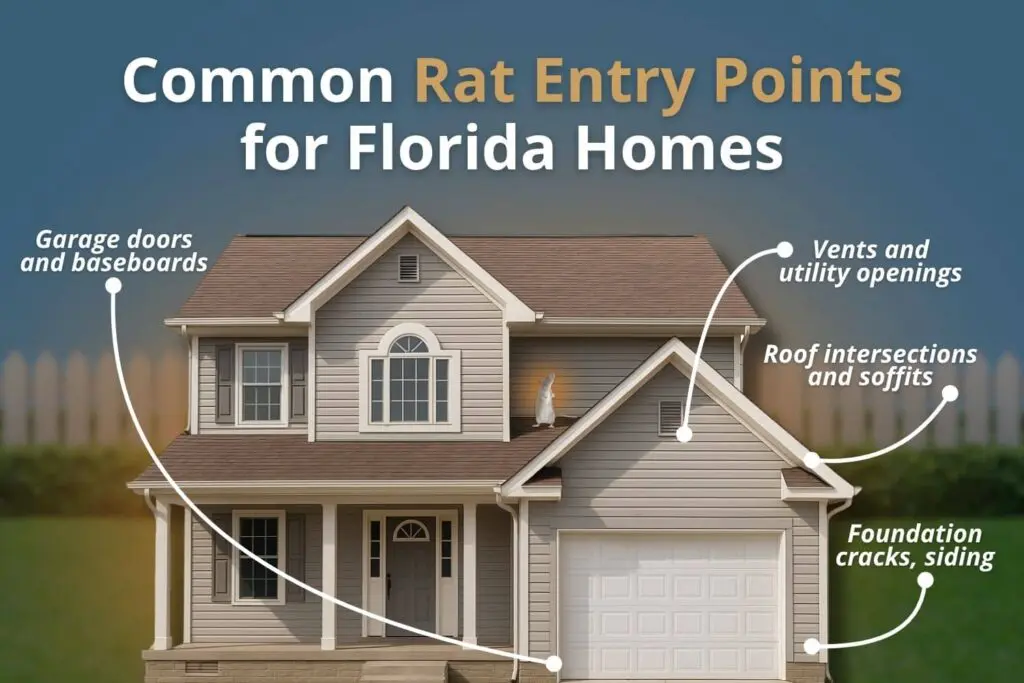 Common Rodent Entry Points for Florida Homes – Slug-A-Bug Pest Control Diagram of common rat entry points on a Florida home: soffits, roof intersections, vents, garage doors, and foundation cracks
