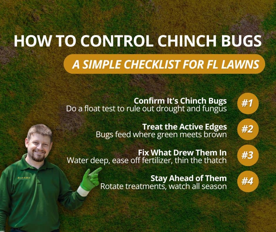 controlling chinch bugs – Slug-A-Bug Pest Control Chinch bug control poster titled'How to Control Chinch Bugs' with an orange rounded banner 'A Simple Checklist for FL Lawns', a man in a green polo pointing to a four-step list: 1 Confirm It's Chinch Bugs — float test to rule out drought and fungus; 2 Treat the Active Edges — bugs feed where green meets brown; 3 Fix What Drew Them In — water deeply, ease off fertilizer, thin the thatch; 4 Stay Ahead of Them — rotate treatments, watch all season.