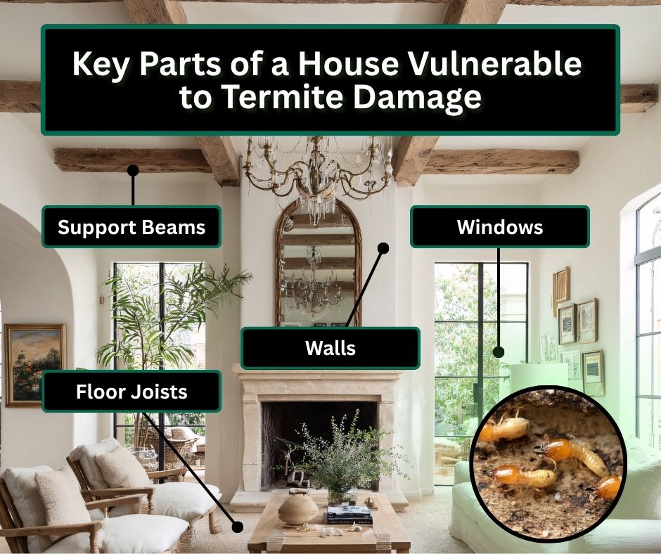 Common termite damage spots – Slug-A-Bug Pest Control Infographic showing key parts of a house vulnerable to termite damage, labeling support beams, floor joists, walls, and windows in a living room, with a close-up of termites.