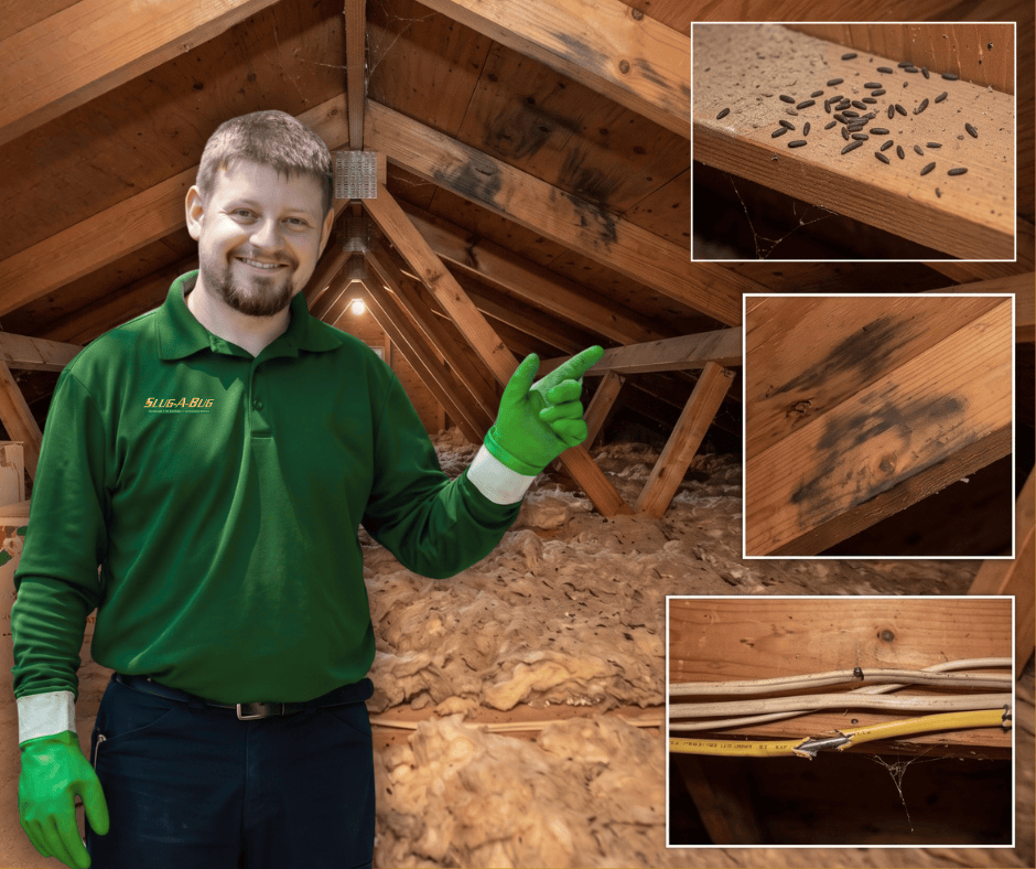 Slug a bug pest inspection atttic – Slug-A-Bug Pest Control Slug-A-Bug technician pointing out rat droppings, rub marks, and gnawed wiring in a Florida attic